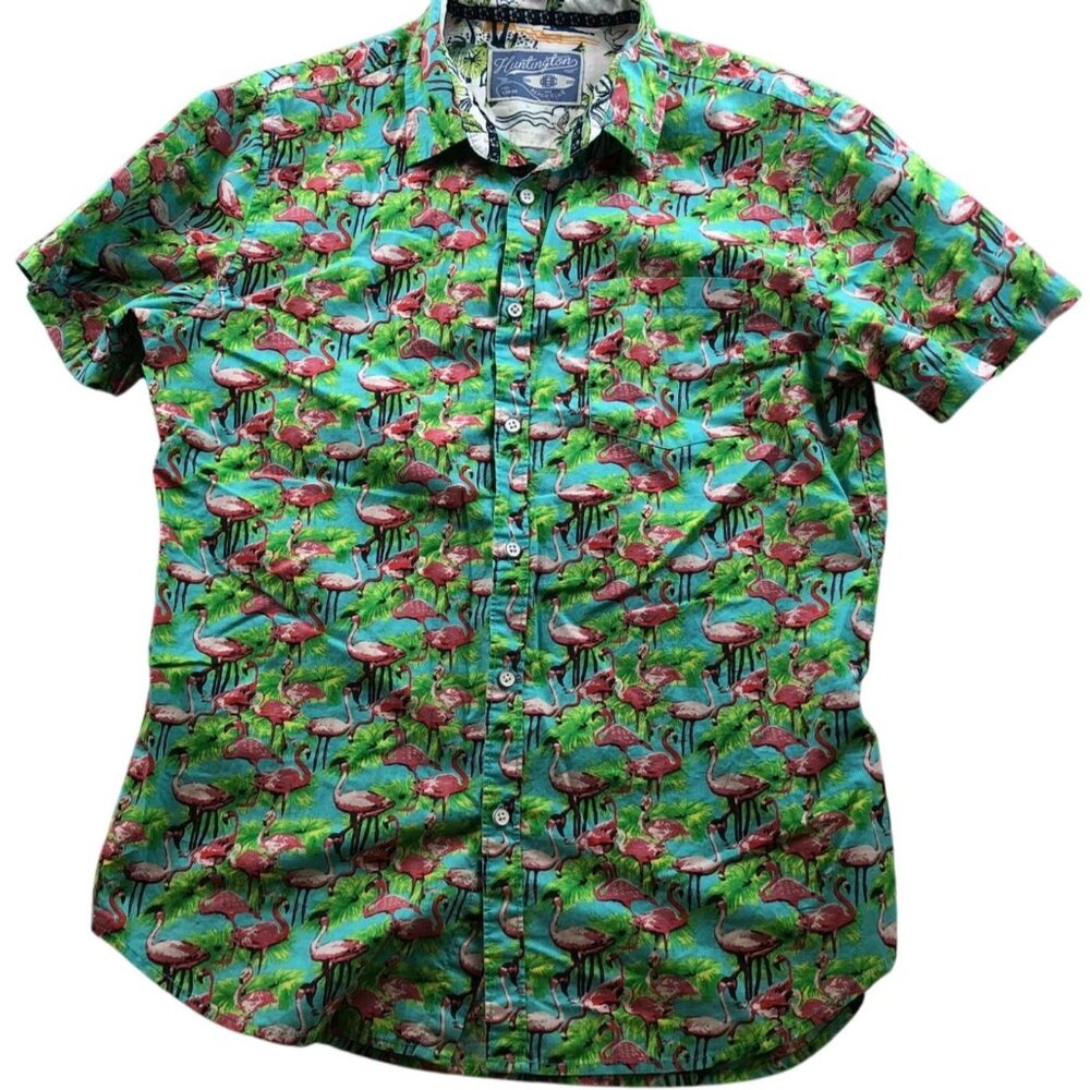 Huntington Beach Club Mens Hawaiian Shirt Large Short Sleeve Green Flamingo